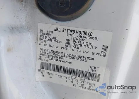 2015 Ford F-250 Xl из США, поврежденный, VIN 1FT7X2A62FEA12168